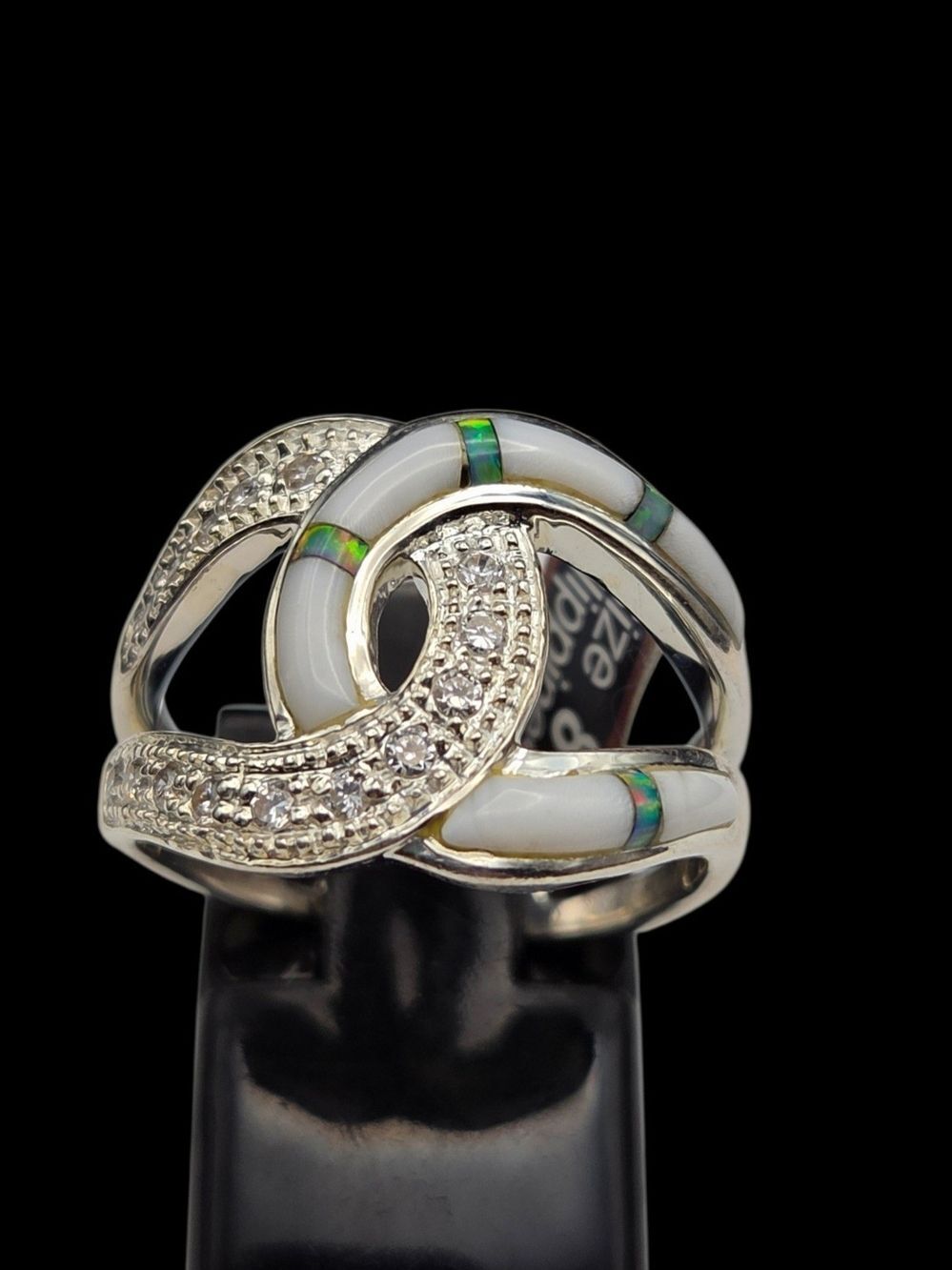 ROX Sterling Silver White Opal Howlite Interlock Ring CZ 8